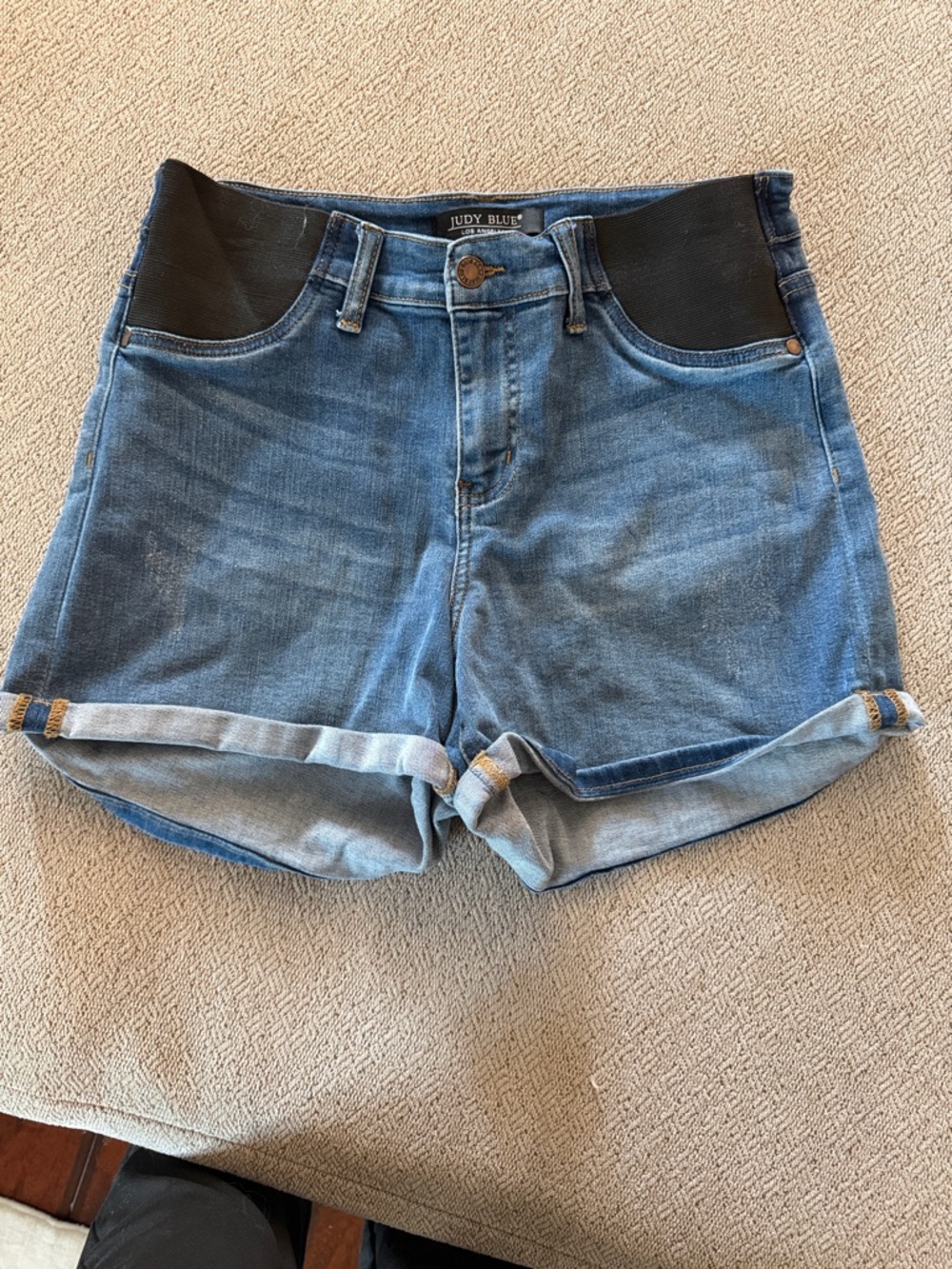 Judy Blue Maternity Medium Blue Denim Roll-Cuff Shorts with Black Stretch Waist